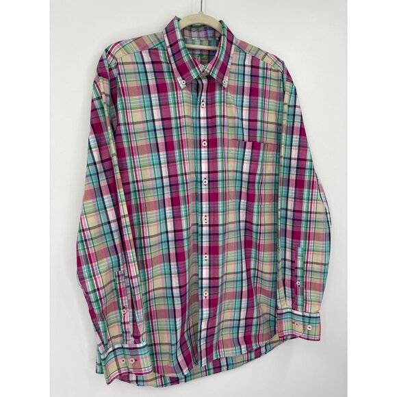 Alan Flusser Mens Plaid Button Down Long Cotton Sleeve Shirt Pink Green Large - Picture 2 of 5